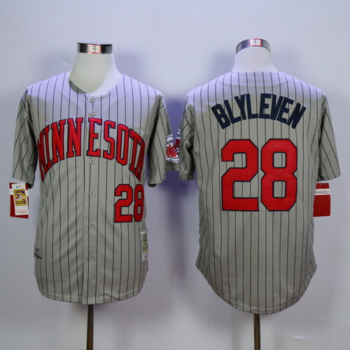 Men's Minnesota Twins #28 Bert Blyleven Retired 1987 Gray Pinstirpe Throwback Jersey