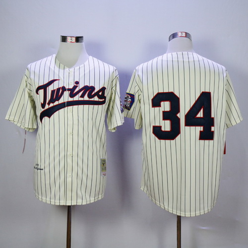 Men's Minnesota Twins #34 Kirby Puckett Retired 1969 Cream Pinstirpe Throwback Jersey