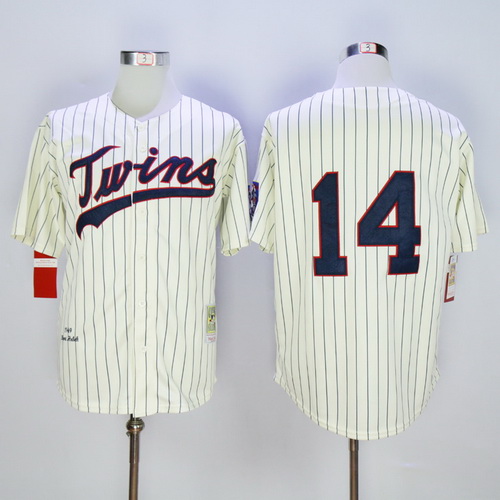 Men's Minnesota Twins #14 Kent Hrbek Retired 1969 Cream Pinstirpe Throwback Jersey