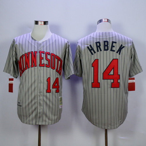 Men's Minnesota Twins #14 Kent Hrbek Retired 1987 Gray Pinstirpe Throwback Jersey