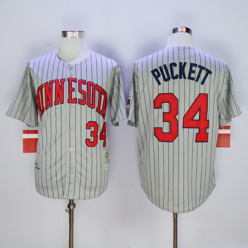 Men's Minnesota Twins #34 Kirby Puckett Retired 1987 Gray Pinstirpe Throwback Jersey