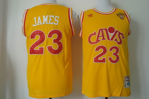 Men's Cleveland Cavaliers #23 LeBron James 2016 The NBA Finals Patch Cav Yellow Hardwood Classics Soul Swingman Throwback Jersey