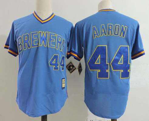 Men's Milwaukee Brewers #44 Hank Aaron Light Blue Pullover Throwback Cooperstown Collection Stitched MLB Jersey