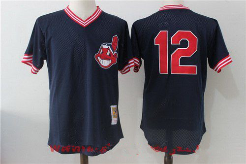 Men's Cleveland Indians #12 Francisco Lindor Navy Blue Throwback Mesh Batting Practice Stitched MLB Jersey