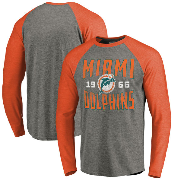 Miami Dolphins NFL Pro Line Timeless Collection Antique Stack Long Sleeve Tri-Blend Raglan T-Shirt Ash