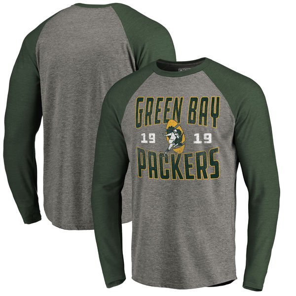 Green Bay Packers NFL Pro Line Timeless Collection Antique Stack Long Sleeve Tri-Blend Raglan T-Shirt Ash