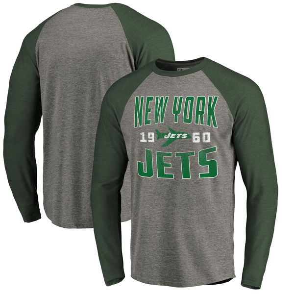 New York Jets NFL Pro Line Timeless Collection Antique Stack Long Sleeve Tri-Blend Raglan T-Shirt Ash