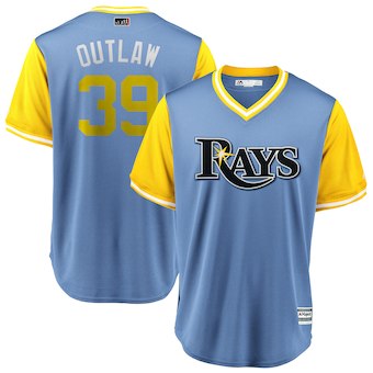 Men's Tampa Bay Rays 39 Kevin Kiermaier Outlaw Majestic yellow blue 2018 Players' Weekend Cool Base Jersey