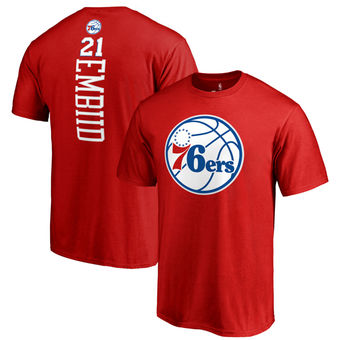 Men's Philadelphia 76ers 21 Joel Embiid Red Team Backer Name & Number T-Shirt