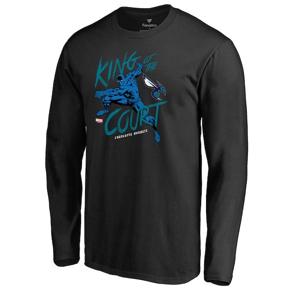 Men's Charlotte Hornets Black Marvel Black Panther King of the Court Long Sleeve T-Shirt