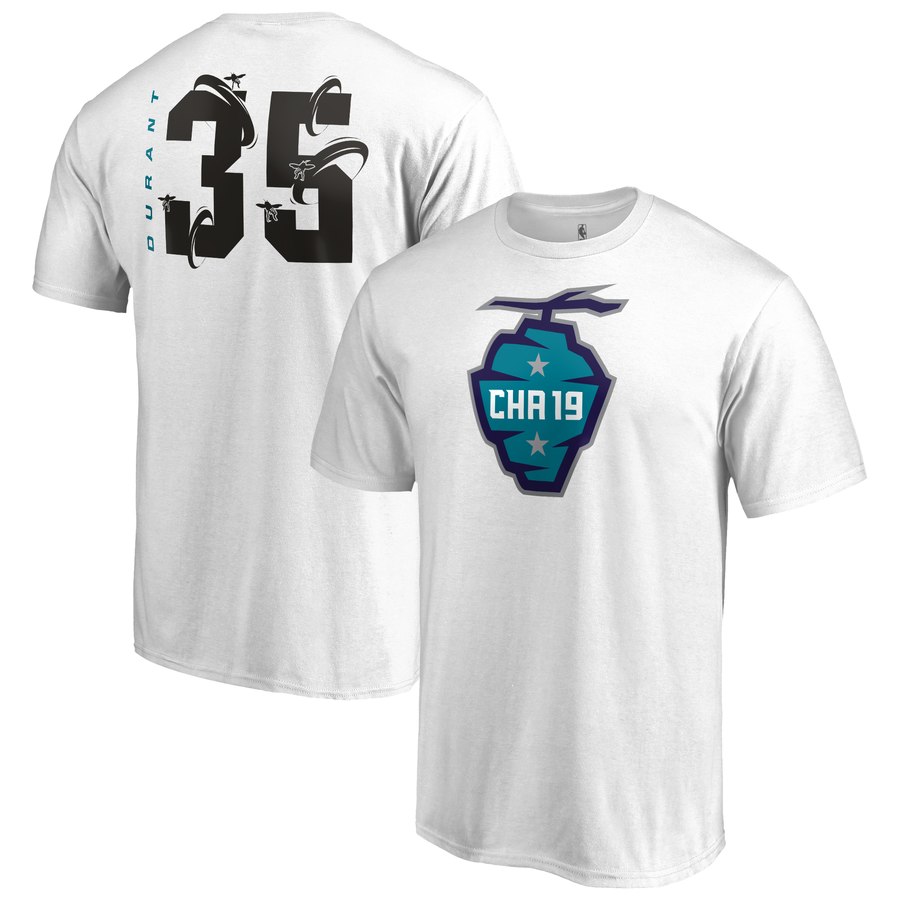 Golden State Warriors 35 Kevin Durant 2019 NBA All-Star Game The Buzz Side Sweep Name & Number T-Shirt White