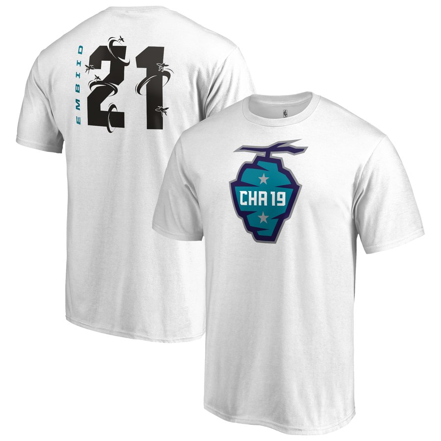 Philadelphia 76ers 21 Joel Embiid 2019 NBA All-Star Game The Buzz Side Sweep Name & Number T-Shirt White
