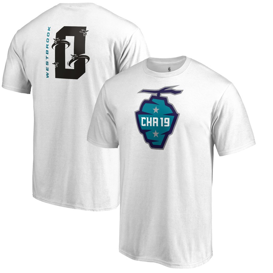 Oklahoma City Thunder 0 Russell Westbrook 2019 NBA All-Star Game The Buzz Side Sweep Name & Number T-Shirt White
