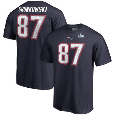 New England Patriots 87 Rob Gronkowski NFL Pro Line Super Bowl LIII Bound Eligible Receiver Name & Number T-Shirt Navy
