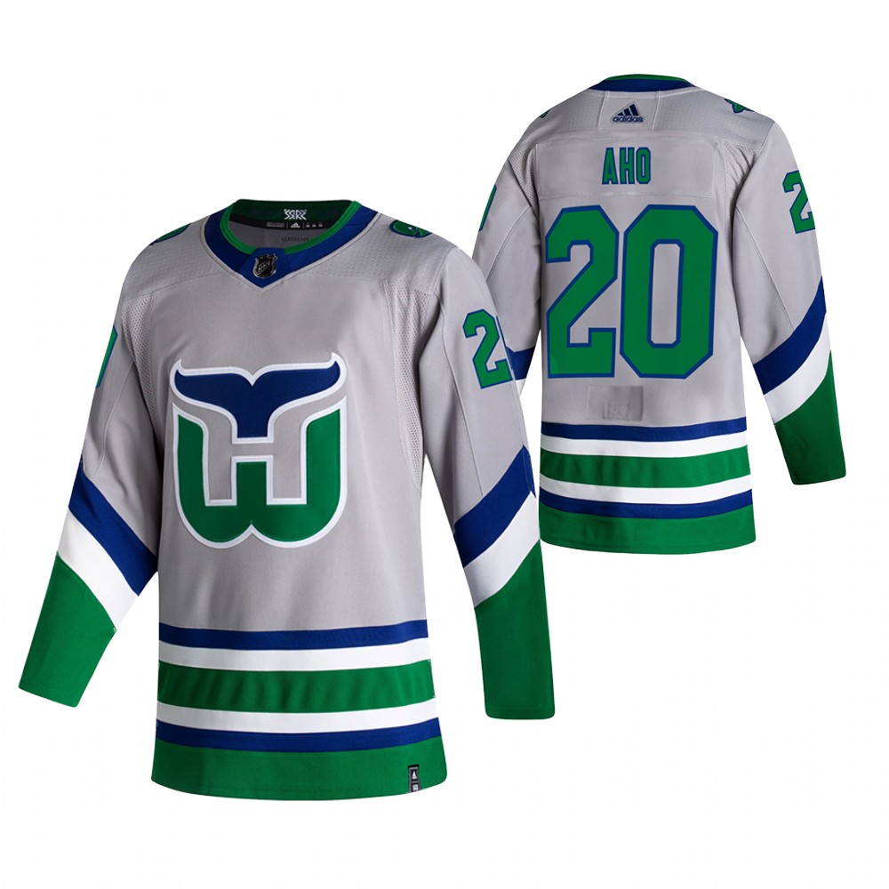 Hartford Whalers #20 Sebastian Aho Grey Men's Adidas 2020-21 Reverse Retro Alternate NHL Jersey