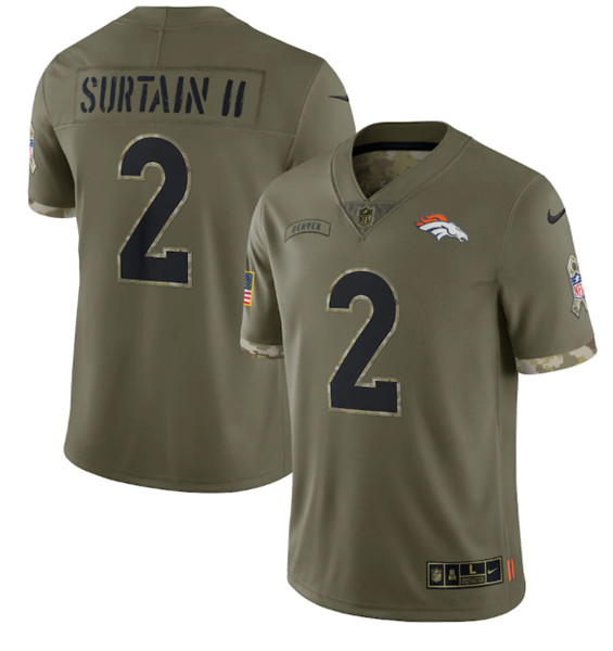 Men's Denver Broncos #2 Patrick Surtain II 2022 Olive Salute To Service Limited Stitched Jersey