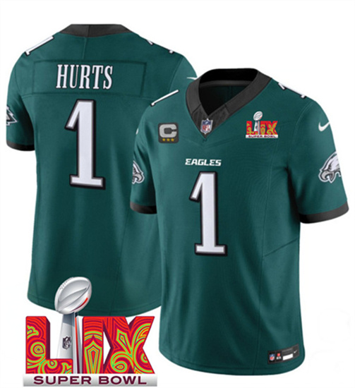 Men's Philadelphia Eagles #1 Jalen Hurts Green 2025 Super Bowl LIX With 3-Star C Patch F.U.S.E. Vapor Untouchable Limited Football Stitched Jersey