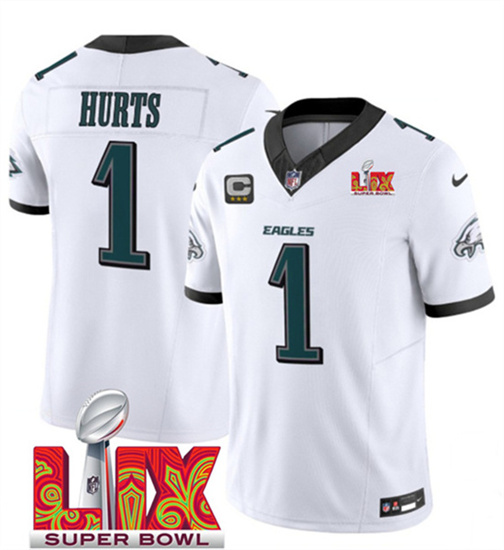 Men's Philadelphia Eagles #1 Jalen Hurts White 2025 Super Bowl LIX With 3-Star C Patch F.U.S.E. Vapor Untouchable Limited Football Stitched Jersey