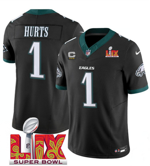 Men's Philadelphia Eagles #1 Jalen Hurts Black 2025 Super Bowl LIX With 3-Star C Patch F.U.S.E. Vapor Untouchable Limited Football Stitched Jersey