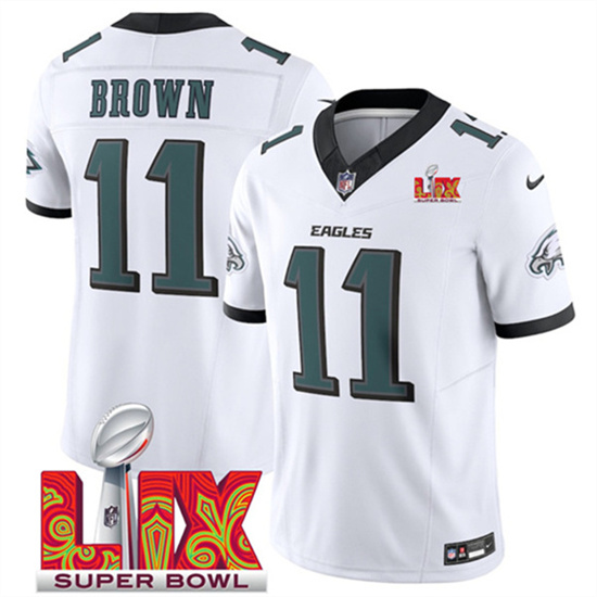 Men's Philadelphia Eagles #11 A.J. Brown White 2025 Super Bowl LIX Patch F.U.S.E. Vapor Untouchable Limited Football Stitched Jersey