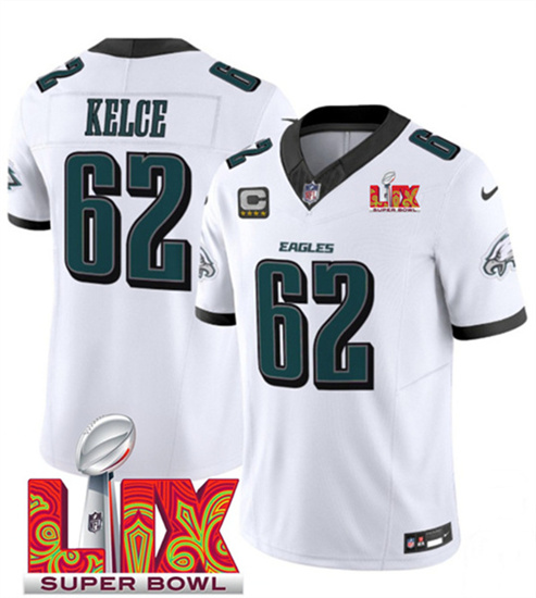 Men's Philadelphia Eagles #62 Jason Kelce White 2025 Super Bowl LIX Patch F.U.S.E. Vapor Untouchable Limited Football Stitched Jersey