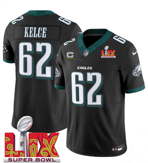 Men's Philadelphia Eagles #62 Jason Kelce Black 2025 Super Bowl LIX Patch F.U.S.E. Vapor Untouchable Limited Football Stitched Jersey