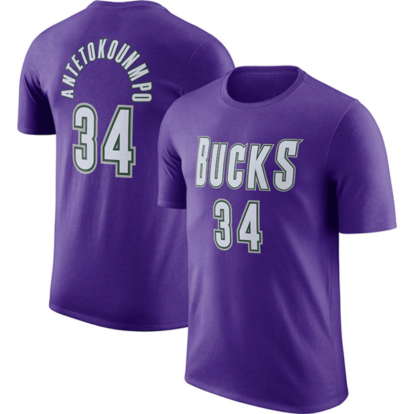 Men's Milwaukee Bucks #34 Giannis Antetokounmpo Purple Hardwood Classic T-Shirt
