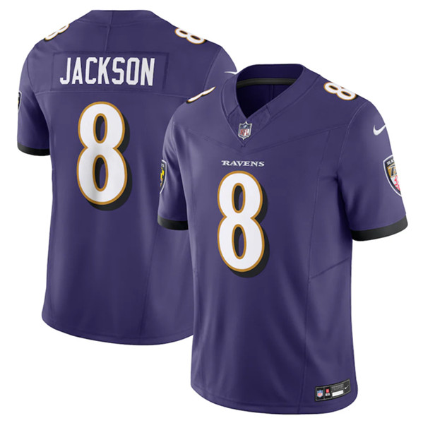 Men's Baltimore Ravens #8 Lamar Jackson Purple 2023 F.U.S.E Vapor Limited Stitched Jersey