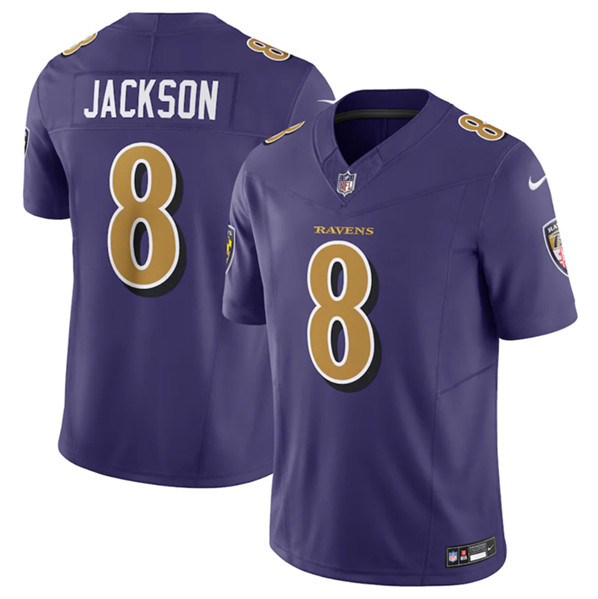 Men's Baltimore Ravens #8 Lamar Jackson Purple 2023 F.U.S.E Coloe Rush Limited Stitched Jersey