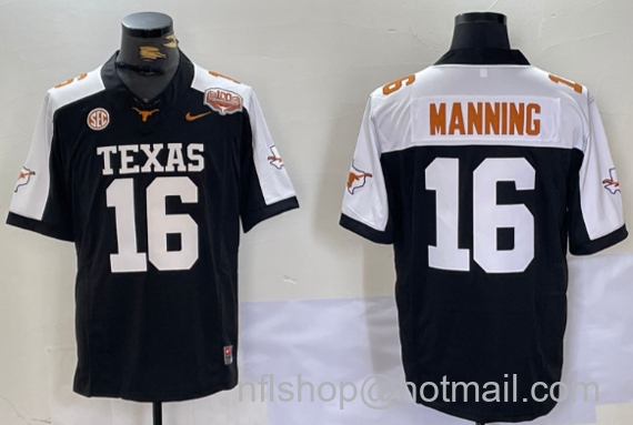 Men's Texas Longhorns #16 Arch Manning Black White F.U.S.E 100 years of Darrell K Royal Map & SEC Patch Stitched Jersey