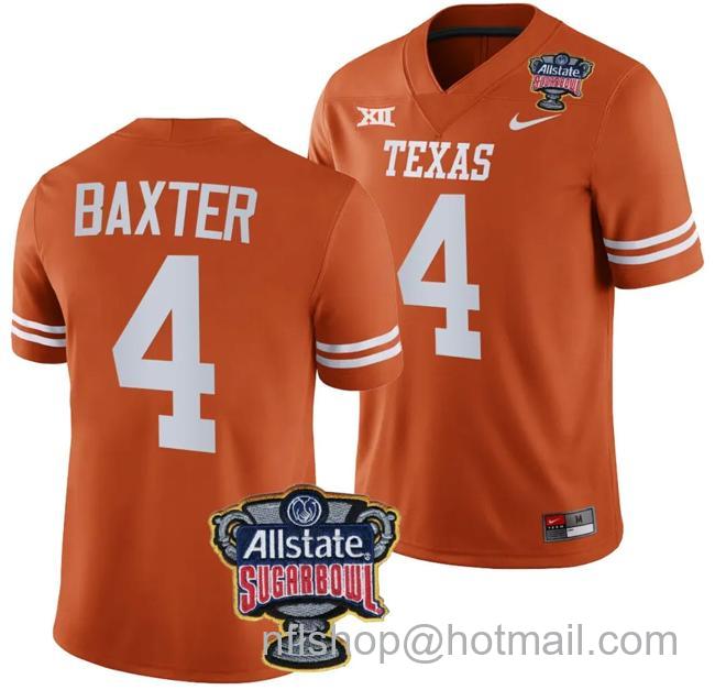 Men's CJ Baxter Jersey #4 Texas Longhorns Allstate Sugar Bowl Patch 2024 College Football Orange