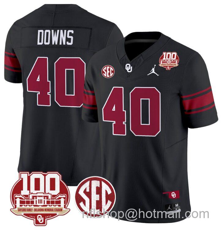 Men's Jordan Brand Ethan Downs Jersey #40 Oklahoma Sooners 100th Anniversary Patch Vapor Limited College Football Stitched Black