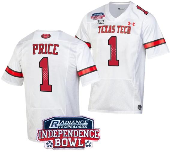 Men's Myles Price Jersey #1 Texas Tech Red Raiders Independence Bowl Patch Football 2023 White