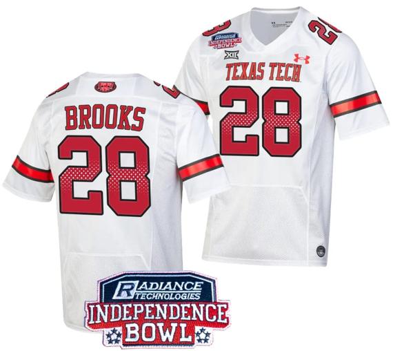Men's Tahj Brooks Jersey #28 Texas Tech Red Raiders Independence Bowl Patch Football 2023 White