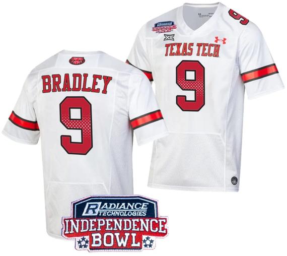 Men's Jerand Bradley Jersey #9 Texas Tech Red Raiders Independence Bowl Patch Football 2023 White