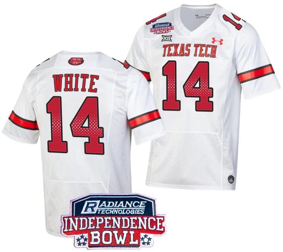 Men's Xavier White Jersey #14 Texas Tech Red Raiders Independence Bowl Patch Football 2023 White