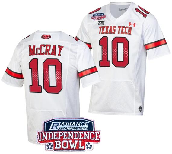 Men's Drae McCray Jersey #10 Texas Tech Red Raiders Independence Bowl Patch Football 2023 White