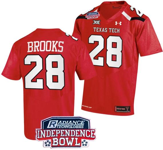 Men's Tahj Brooks Jersey #28 Texas Tech Red Raiders Independence Bowl Patch Football 2023 Red
