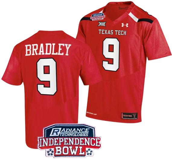 Men's Jerand Bradley Jersey #9 Texas Tech Red Raiders Independence Bowl Patch Football 2023 Red