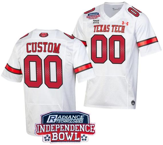 Men's Custom Texas Tech Red Raiders Jersey Name and Number Independence Bowl Patch Football 2023 White