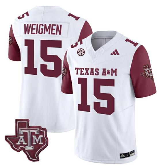 Men's Texas A&M Aggies Conner Weigman Jersey #15 Vapor Limited College Football Maroo Sleeves