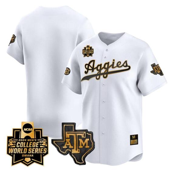 Men's Texas AM Aggies Team Jersey 2024 College World Series Vapor Premier Limited NCAA Baseball Stitched White Gold
