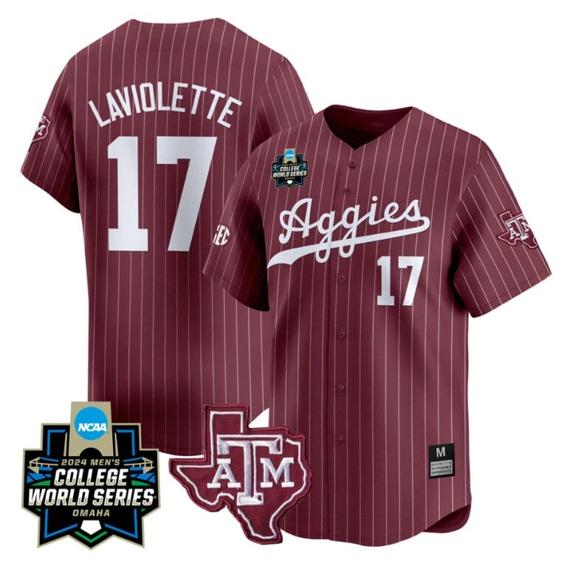 Men's Jace Laviolette Jersey #17 Texas AM Aggies 2024 College World Series Vapor Premier Limited NCAA Baseball Stitched Maroon Pinstripe