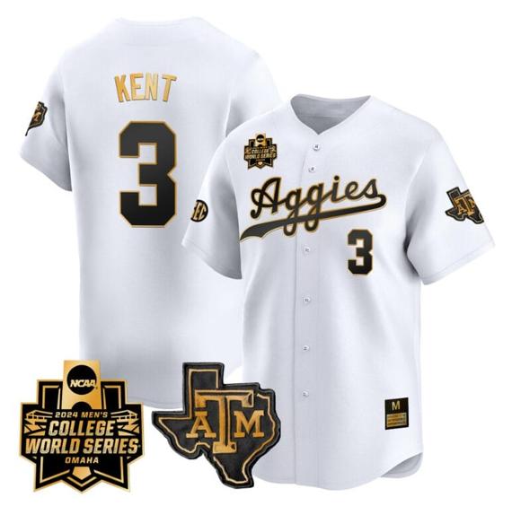 Men's Kaeden Kent Jersey #3 Texas AM Aggies 2024 College World Series Vapor Premier Limited NCAA Baseball Stitched White Gold
