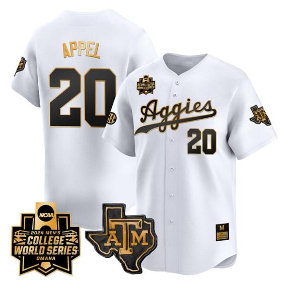 Men's Jackson Appel Jersey #20 Texas AM Aggies 2024 College World Series Vapor Premier Limited NCAA Baseball Stitched White Gold