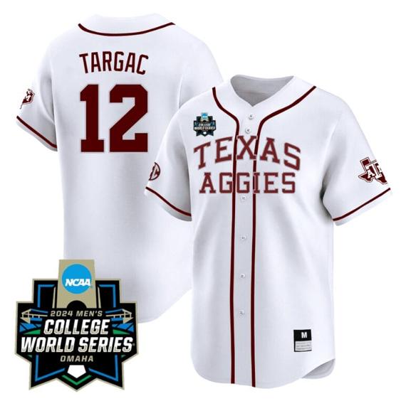 Men's Rayan Targac Jersey #12 Texas AM Aggies 2024 College World Series Vapor Premier Limited NCAA Baseball Stitched White Alternate