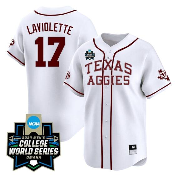 Men's Jace Laviolette Jersey #17 Texas AM Aggies 2024 College World Series Vapor Premier Limited NCAA Baseball Stitched White Alternate