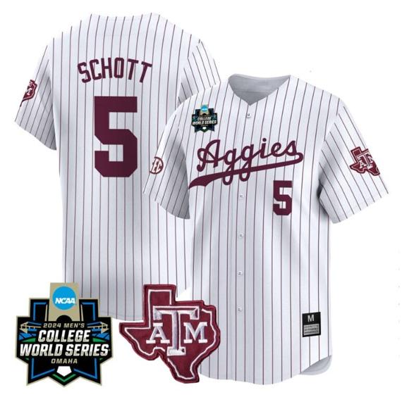 Men's Hayden Schott Jersey #5 Texas AM Aggies 2024 College World Series Vapor Premier Limited NCAA Baseball Stitched White Pinstripe