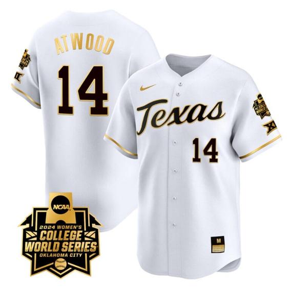 Men's Reese Atwood Jersey #14 Texas AM Aggies 2024 College World Series Patch Vapor Premier Limited NCAA Baseball Stitched White Gold
