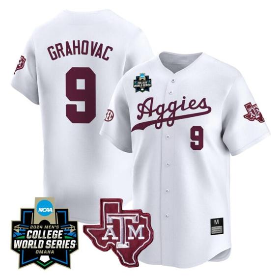 Men's Gavin Grahovac Jersey #9 Texas AM Aggies 2024 College World Series Vapor Premier Limited NCAA Baseball Stitched White